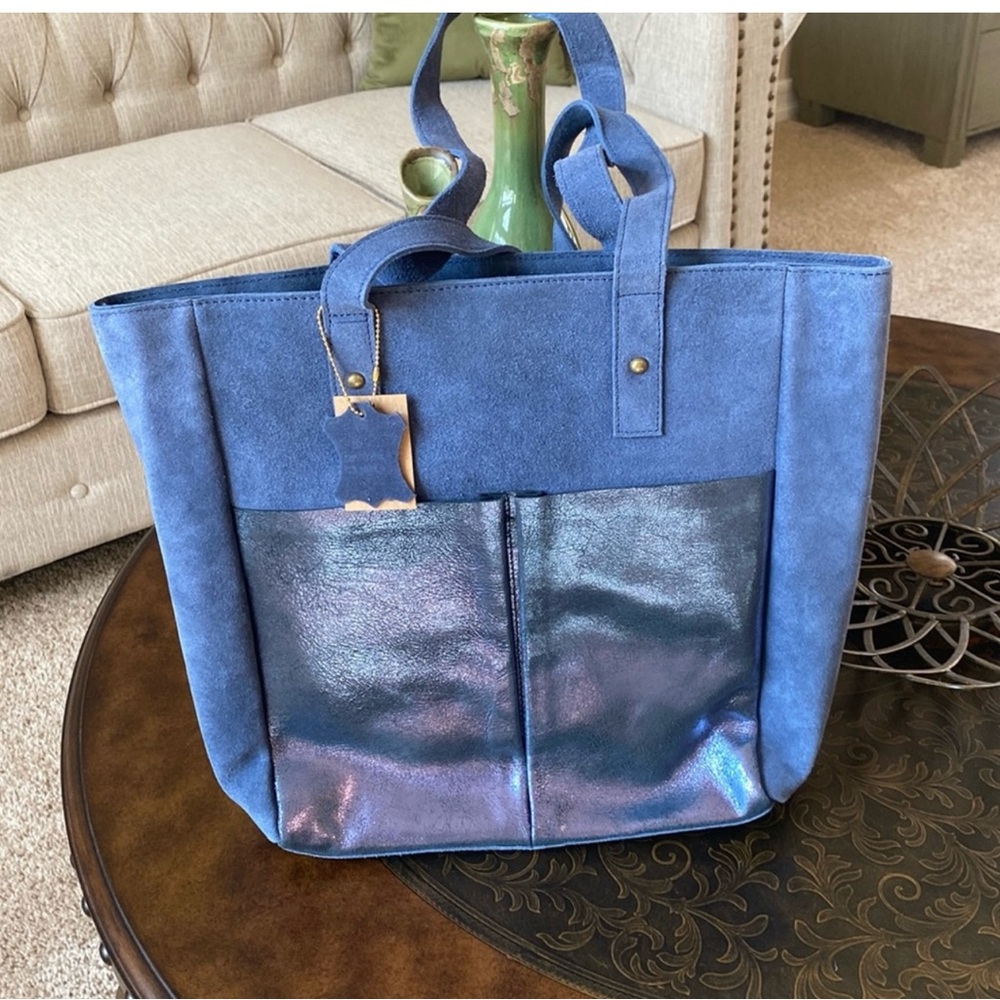 Blue Tote Bag with Metallic Pocket